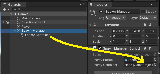 Enemy Container variable in the Spawn_Manager Inspector